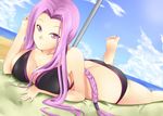  bad_proportions bare_legs bare_shoulders barefoot beach bikini breasts cleavage cloud day dutch_angle fate/stay_night fate_(series) foreshortening highres huge_breasts long_hair lying mayura_90 on_stomach outdoors purple_eyes purple_hair rider solo swimsuit 