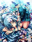  blue_eyes blue_hair flower hair_flower hair_ornament long_hair md5_mismatch original rain shino_(eefy) skirt solo umbrella 