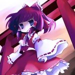  bags_under_eyes bow brown_hair detached_sleeves empty_eyes hair_bow hakurei_reimu highres ribbon short_hair solo torii touhou yume_shokunin 