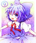  1girl bad_id bad_pixiv_id blue_eyes blue_hair bow cirno dress fang hair_bow one_eye_closed open_mouth riichu short_sleeves solo touhou 