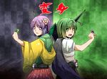  antennae bad_id bad_pixiv_id belt cape flower gaia_memory green_eyes green_hair hair_flower hair_ornament henshin hieda_no_akyuu highres japanese_clothes kamen_rider kamen_rider_w maita multiple_girls open_mouth parody pose purple_eyes purple_hair short_hair symbol-shaped_pupils touhou wriggle_nightbug 