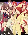  2boys angry annoyed baseball_bat blue_eyes blushing bored brown_hair collar crossdress crossover higurashi_no_naku_koro_ni maebara_keiichi multiple_persona open_mouth red_hair shirtless short_hair smiling suit tagme umineko_no_naku_koro_ni ushiromiya_battler winking 