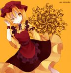  adjusting_hair aki_minoriko amaya_enaka bad_id bad_pixiv_id blonde_hair character_name dress dutch_angle food fruit grapes hat raised_eyebrow short_hair simple_background solo squinting touhou uneven_eyes wristband yellow_eyes 