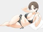  arm_support bare_shoulders bikini breasts brown_hair cleavage curvy large_breasts lying mature mole mole_under_mouth nora_higuma on_side original pillow short_hair side-tie_bikini solo swimsuit 