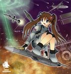  aircraft airplane antonov_an-225 brown_hair flying hair_ribbon international_space_station jet long_hair mecha_musume military missile open_mouth ribbon rocket_launcher rpg rpg-7 russia satellite solo su-57 twintails vjptox weapon 