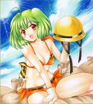  ahoge bad_id bad_pixiv_id bare_shoulders bikini_top breasts cleavage cloud day fangs green_hair hardhat helmet looking_at_viewer macross macross_frontier medium_breasts pemoko ranka_lee red_eyes shikishi shorts sitting sky smile solo traditional_media 