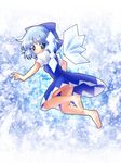  barefoot blue_eyes blue_hair bow cirno dress hair_bow panties ryusou short_hair smile solo touhou underwear wings 