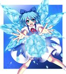  blue_eyes blue_hair bow cirno dress hair_bow ice nonbei short_hair solo touhou wings 