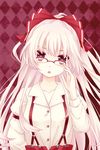  argyle argyle_background bespectacled bow dress_shirt fujiwara_no_mokou glasses hair_bow head_tilt highres hime_cut kai_aki long_hair looking_at_viewer open_mouth red_eyes shirt silver_hair solo suspenders touhou upper_body 