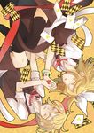  1girl bad_id bad_pixiv_id blonde_hair brother_and_sister card falling_card hair_ribbon heart heart_card hitobashira_alice_(vocaloid) kagamine_len kagamine_rin leopardtiger ribbon short_hair siblings thighhighs twins vocaloid 