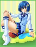  7-tan bad_id bad_pixiv_id banned_artist blue_eyes blue_hair crossed_legs hairband madobe_nanami one_eye_closed open_mouth os-tan plaid plaid_skirt shin'en_(gyokuro_company) short_hair sitting skirt socks solo 