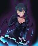  akimichi black_gloves black_hair black_rock_shooter bow breasts choker cleavage dead_master dress elbow_gloves frills gloves glowing glowing_eyes green_eyes highres horns long_hair medium_breasts pantyhose solo twintails wings 