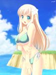  atsushima_you bikini blonde_hair blue_eyes breast_lift breasts cleavage elf flower long_hair medium_breasts pointy_ears side-tie_bikini solo swimsuit tiffania_westwood underboob water zero_no_tsukaima 