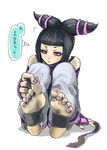  baggy_pants bare_shoulders barefoot black_hair dirty_feet drill_hair feet fingerless_gloves gloves halter_top halterneck han_juri injury nail_polish pants purple_eyes riry sitting soles solo street_fighter street_fighter_iv_(series) toeless_legwear toes translation_request twin_drills 