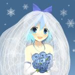  bare_shoulders blue blue_eyes blue_hair blush bouquet bow bridal_veil bride bunchou_(bunchou3103) cirno dress elbow_gloves flower gloves hair_bow jewelry necklace open_mouth short_hair smile snowflakes solo touhou veil wedding_dress wings 