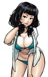  bikini black_eyes black_hair breasts cleavage copyright_request curvy hips large_breasts mariel_cartwright open_clothes open_shirt shirt sleeves_rolled_up solo swimsuit thighs twintails 