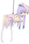  arms_behind_back bdsm bondage bound breasts cleavage collarbone crescent crescent_hair_ornament hair_ornament hair_ribbon hat highres large_breasts long_hair mob_cap muranisaki open_mouth panties patchouli_knowledge purple_eyes purple_hair ribbon simple_background solo suspension thighhighs touhou underwear white_background white_legwear 