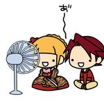  1girl beatrice bow chibi electric_fan fan_speaking fanning_face kashiwa_kiseri lowres pink_bow umineko_no_naku_koro_ni ushiromiya_battler 