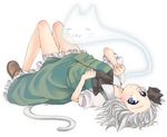  animal_ears blue_eyes cat_ears cat_tail ghost hitodama kemonomimi_mode konpaku_youmu konpaku_youmu_(ghost) lying midori_(green_tea) on_back paw_pose short_hair silver_hair simple_background solo tail touhou 