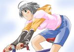  ahoge akaho_sakura bicycle black_hair blush_stickers copyright_request green_eyes ground_vehicle hood hoodie lowres short_hair solo 