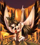  arm_up bad_id bad_pixiv_id banned_artist black_bow bow brown_hair highres long_hair molten_rock paseri pointing reiuji_utsuho solo touhou wings 