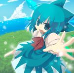  barefoot blue_eyes blue_hair bow cirno cloud day dress fairy flying foreshortening forest hands horizon nature ocean open_mouth outdoors outstretched_arms ribbon river sky smile solo spread_arms touhou yuzuki_gao 