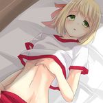  axis_powers_hetalia bad_id bad_pixiv_id blonde_hair chiha green_eyes gym_uniform hair_ribbon liechtenstein_(hetalia) lying navel ribbon shirt_lift short_hair solo 