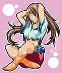  adjusting_hair akaho_sakura arms_up blue_eyes brown_hair copyright_request green_eyes hair_ornament hairclip long_hair lowres mouth_hold socks solo 