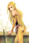  alternate_costume ass bare_shoulders blonde_hair blue_eyes celes_chere detached_sleeves earrings final_fantasy final_fantasy_vi itori_(clarice_note) jewelry long_hair looking_back purple_eyes solo sword very_long_hair weapon 