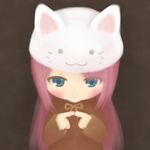  :&gt; animal_hat bad_id bad_pixiv_id blue_eyes cat_hat cccxx from_above hat long_hair lowres megurine_luka megurine_luka_(toeto) pink_hair solo toeto_(vocaloid) vocaloid 