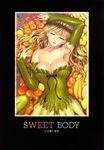  apple armpits artbook avocado banana bare_shoulders berry blonde_hair breasts cantaloupe cleavage closed_eyes copyright_request corset detached_sleeves dress earrings elbow_gloves food fruit gloves grapes green_dress happoubi_jin headband highres huge_breasts jewelry large_breasts leaf lemon long_hair looking_at_viewer looking_up lying mango nashi_pear necklace orange original papaya pear persimmon pineapple purple_eyes solo starfruit strawberry text_focus watermelon 