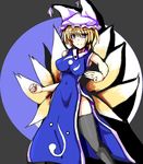 bad_id bad_pixiv_id blonde_hair blue_eyes china_dress chinese_clothes dress fighting_stance hat legs mugenshiki multiple_tails pillow_hat short_hair side_slit sleeveless solo tail tassel thighhighs thighs touhou yakumo_ran 