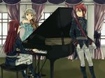  2boys alternate_costume asch bad_id bad_pixiv_id blonde_hair blue_hairband boots gloves grand_piano green_eyes hairband instrument knee_boots long_hair luke_fon_fabre multiple_boys natalia_luzu_kimlasca_lanvaldear piano piano_bench red_hair short_hair smile tales_of_(series) tales_of_the_abyss uniform violin 