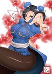  bad_id bad_pixiv_id black_hair breasts bun_cover china_dress chinese_clothes chun-li double_bun dress kosame_daizu large_breasts legs pantyhose pelvic_curtain sash smile solo street_fighter thighs 