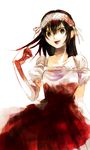  abaraya bad_id bad_pixiv_id black_hair blood decoration_disorder_disconnection dress gloves headdress ishizue_kanata long_hair solo yellow_eyes 