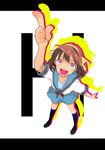  bad_id bad_pixiv_id brown_hair collarbone foreshortening h hair_ribbon hands kari_(kakko_k) kita_high_school_uniform pink_eyes pointing ribbon school_uniform serafuku smile solo suzumiya_haruhi suzumiya_haruhi_no_yuuutsu 