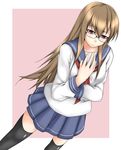  brown_hair glasses long_hair mitsuki_(toriaezu) original red_eyes school_uniform serafuku skirt solo thighhighs 