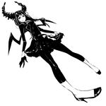  black_dress black_legwear black_rock_shooter dead_master dress full_body gloves green_eyes greyscale high_heels horns kmgk leggings long_hair monochrome shoes simple_background skirt solo spandex spot_color wings 