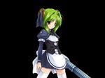  beat_angel_escalayer flat_chest game_cg green_hair gun kouenji_madoka maid onigirikun red_eyes solo thighhighs weapon 