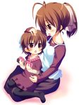  apron blush brown_eyes brown_hair card clannad full_body furukawa_nagisa hair_ribbon holding holding_card meito_(maze) mother_and_daughter motherly multiple_girls okazaki_ushio pantyhose ponytail ribbon short_hair sitting sitting_on_lap sitting_on_person 