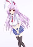  animal_ears bad_id bad_pixiv_id blush breasts bunny_ears cleavage front-tie_top highres large_breasts long_hair midriff miniskirt purple_hair red_eyes reisen_udongein_inaba skirt sleeves_rolled_up solo tears thighhighs touhou umeo_retto zettai_ryouiki 