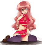  amano_hosikawa blush bound frills loafers long_hair louise_francoise_le_blanc_de_la_valliere midriff panties pantyshot pantyshot_(sitting) pink_eyes pink_hair ribbon shoes sitting solo thighhighs tied_up underwear wavy_hair zero_no_tsukaima 