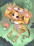  1girl animal_costume animal_print bad_id bad_pixiv_id berserker_(final_fantasy) blonde_hair blue_eyes blush exdeath fangs final_fantasy final_fantasy_v forest galuf_halm_baldesion gloves krile_mayer_baldesion moss_fungus mushroom nature paw_gloves paw_shoes paws shoes short_hair tail takeda_kanryuusai tiger_costume tiger_print tiger_tail tree zipper 