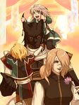  3boys animal_ears armor bad_id bad_pixiv_id blonde_hair braid carrying cat_ears character_request child climbing david_nassau ear_pull emma_honeywell flower furry grin hair_over_one_eye hair_pull hataka_nohito jewelry long_sleeves looking_away male_focus multiple_boys pants ponytail sash scar scarf short_hair shoulder_carry silver_hair single_earring size_difference smile the_last_remnant torgal twin_braids 