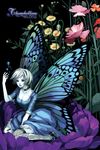  blonde_hair breasts bug butterfly cleavage copyright_request dress fairy flower insect large_breasts maggi on_flower short_hair solo thighhighs thumbelina thumbelina_(character) wings 