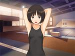  amagami armpits arms_behind_head arms_up bob_cut brown_eyes brown_hair game_cg lowres non-web_source one-piece_swimsuit pool short_hair solo starting_block swimsuit tachibana_miya 