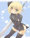  blonde_hair blush clare_(claymore) claymore claymore_(sword) huge_weapon pocopoco short_hair silver_eyes solo sword thighhighs weapon 