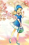  :d bag blonde_hair blush bobby_socks cherry_blossoms green_eyes handbag hat kan_satomi long_hair looking_at_viewer mary_janes open_mouth original plant shoes smile socks solo spring_(season) tareme tree walking 