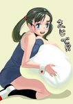  bad_id bad_pixiv_id blue_eyes blush breast_press breasts green_hair kneeling large_breasts masao one-piece_swimsuit original pillow pillow_hug school_swimsuit socks solo swimsuit translated twintails 