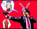  24 2girls ? animal_ears bunny_ears cellphone cosplay formal gun handgun hong_meiling jack_bauer letterboxed multiple_girls o_o onibi_(foxhound4185) parody phone pistol purple_hair reisen_udongein_inaba reisen_udongein_inaba_(cosplay) suit talking_on_phone touhou weapon yagokoro_eirin 